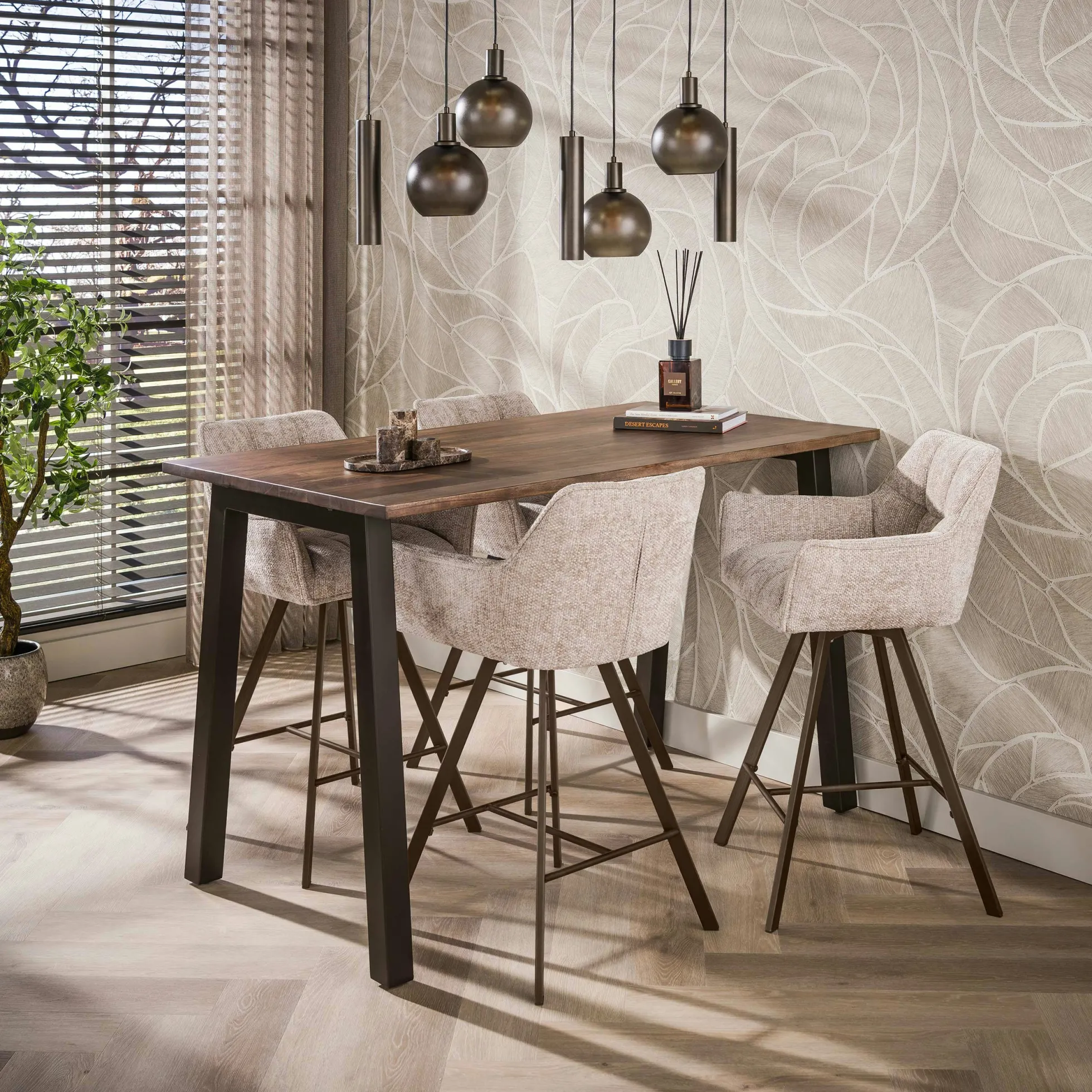 Suspension îlot cuisine verre brun givré métal bronze 7 lampes NOVA