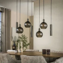Suspension îlot cuisine verre brun givré métal bronze 7 lampes NOVA
