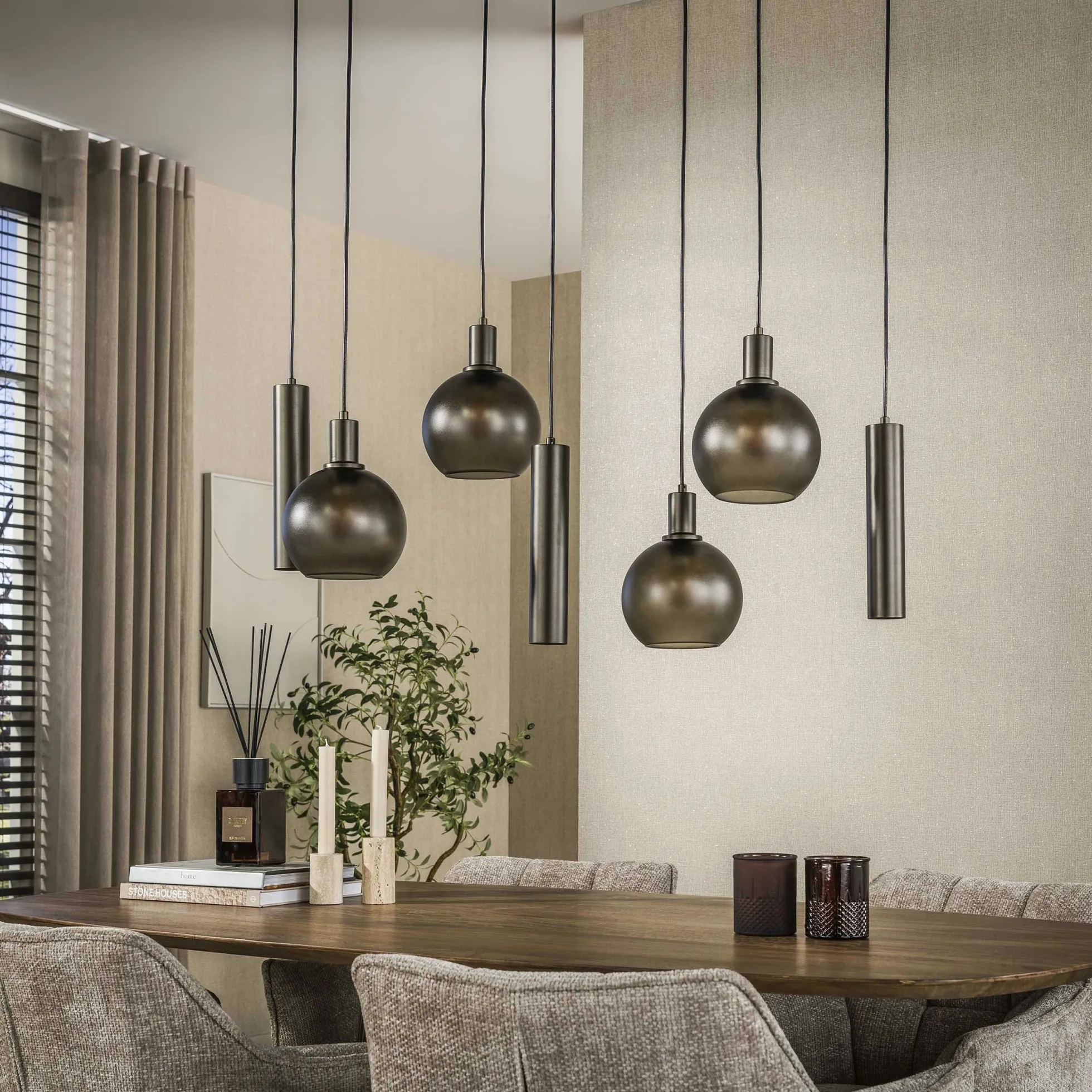 Suspension îlot cuisine verre brun givré métal bronze 7 lampes NOVA