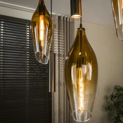 Suspension îlot cuisine verre fumé métal bronze 7 lampes NIAGARA