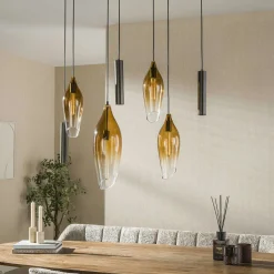 Suspension îlot cuisine verre fumé métal bronze 7 lampes NIAGARA