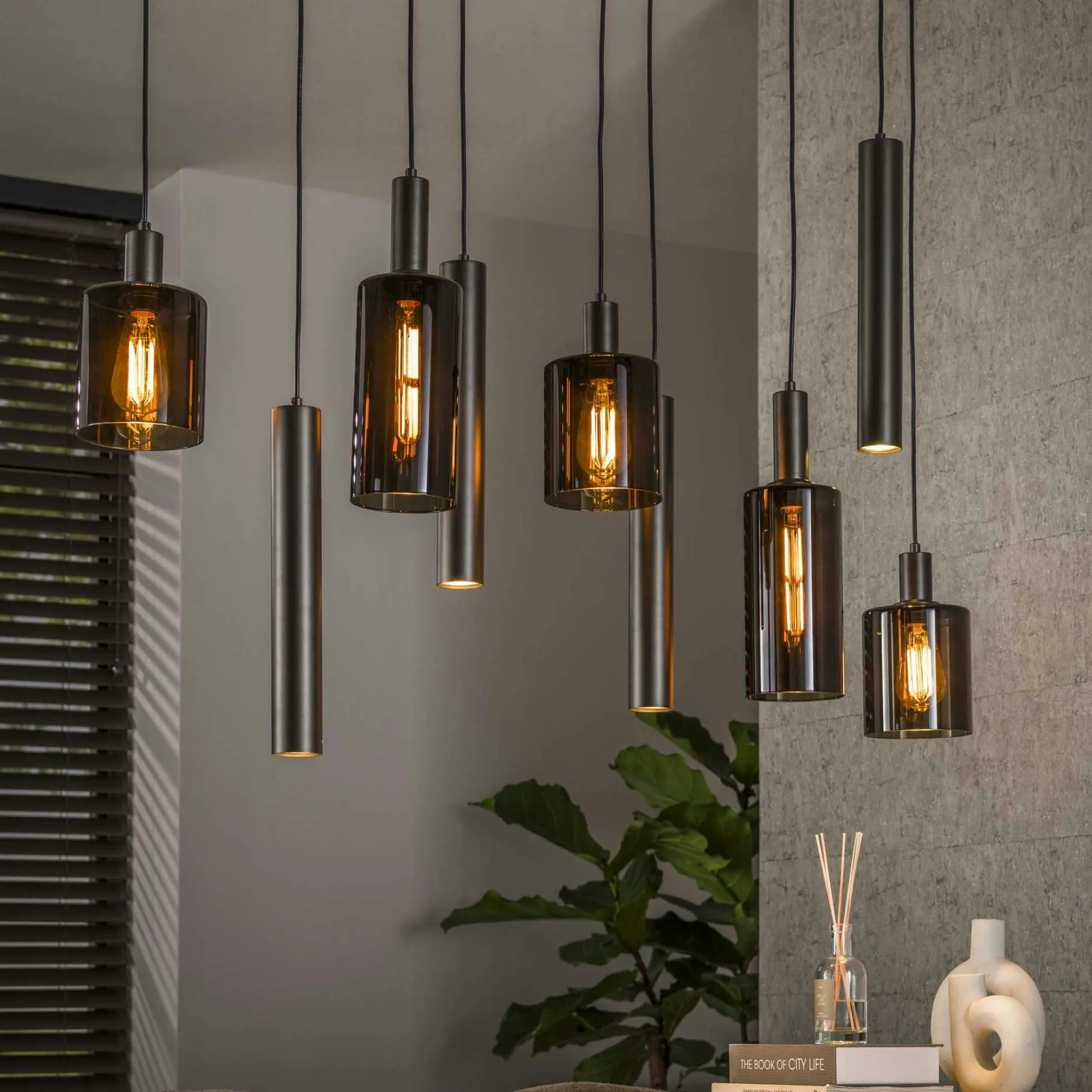 Suspension îlot cuisine verre brun et métal 9 lampes NOVA