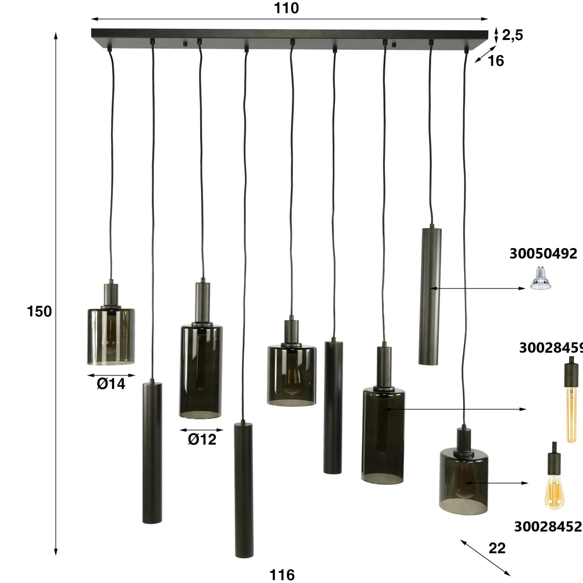 Suspension îlot cuisine verre brun et métal 9 lampes NOVA