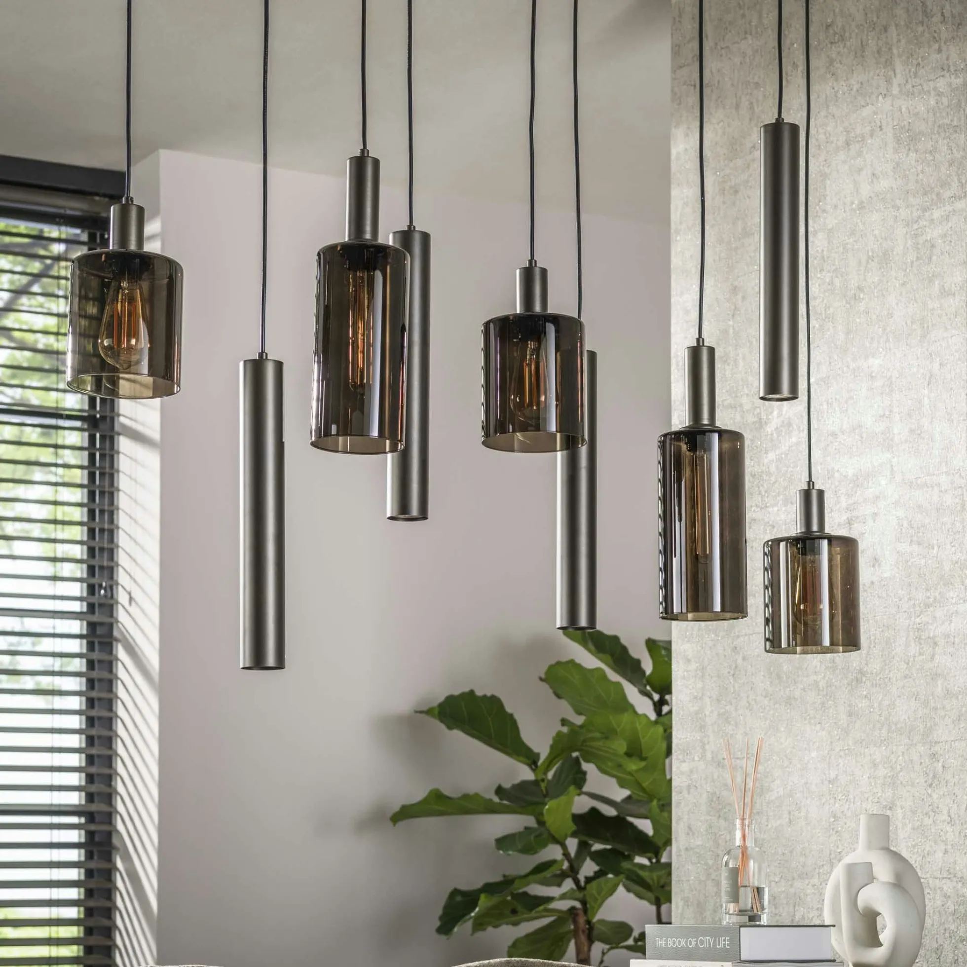 Suspension îlot cuisine verre brun et métal 9 lampes NOVA