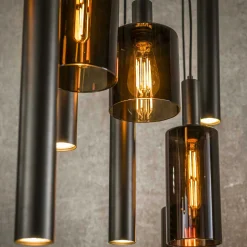 Suspension îlot cuisine verre brun et métal 9 lampes NOVA
