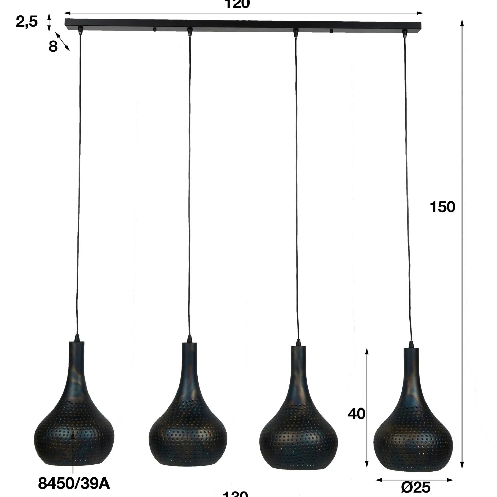 Suspension luminaire noir 4 lampes métal ajouré 130 cm JAVA