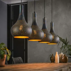 Suspension luminaire noir 4 lampes métal ajouré 130 cm JAVA