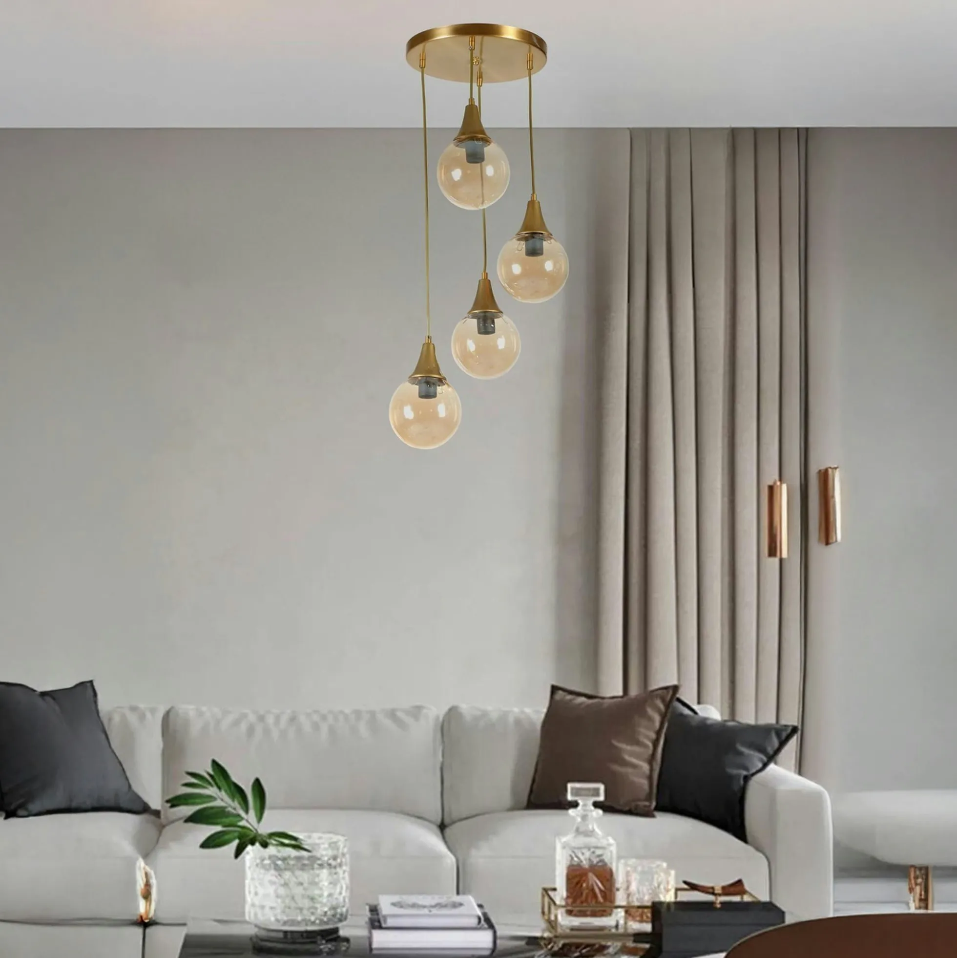 Suspension moderne dorée 4 globes verre ambré SIERRE