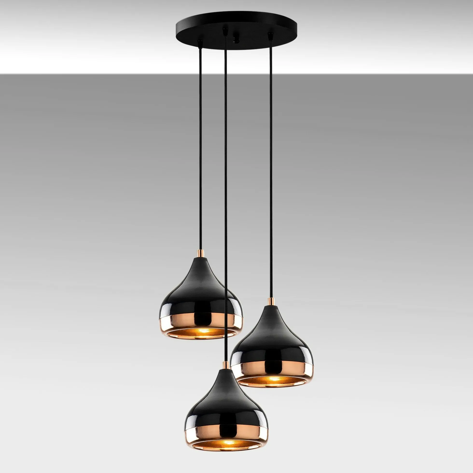Suspension moderne noire et cuivre 3 abat-jour SILE