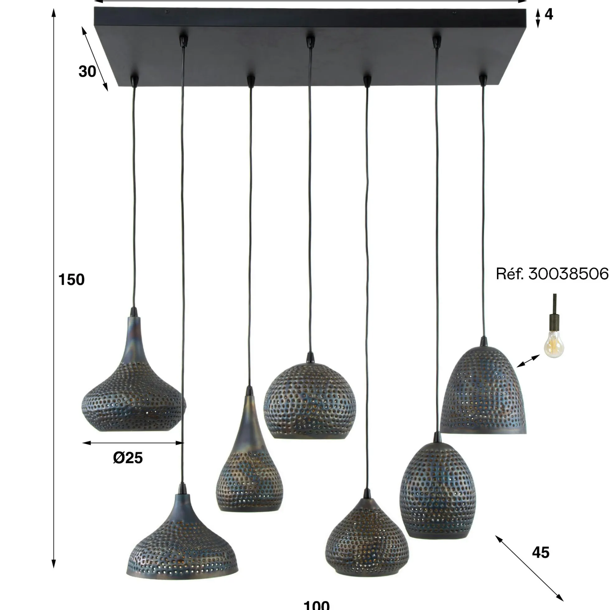 Suspension multiple 7 lampes en métal brun sombre JAVA