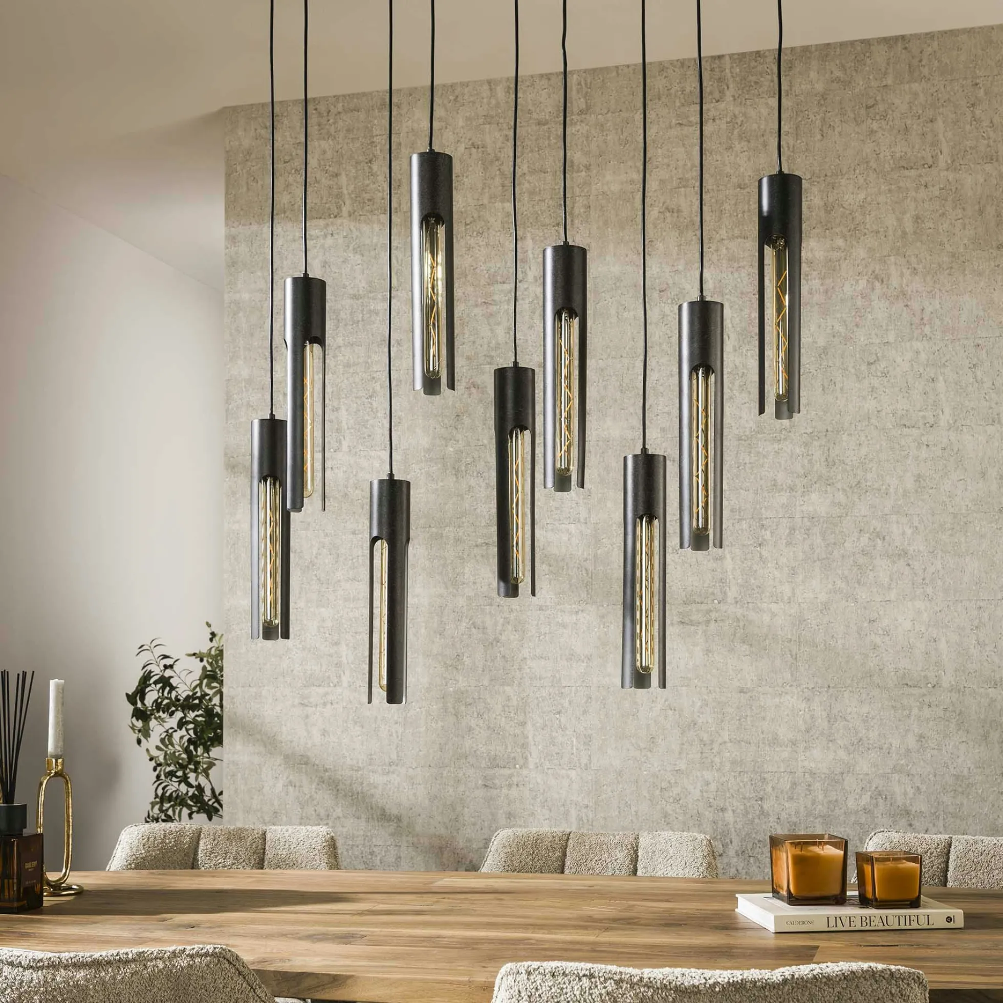 Suspension noire 9 abat-jour forme tube RALF