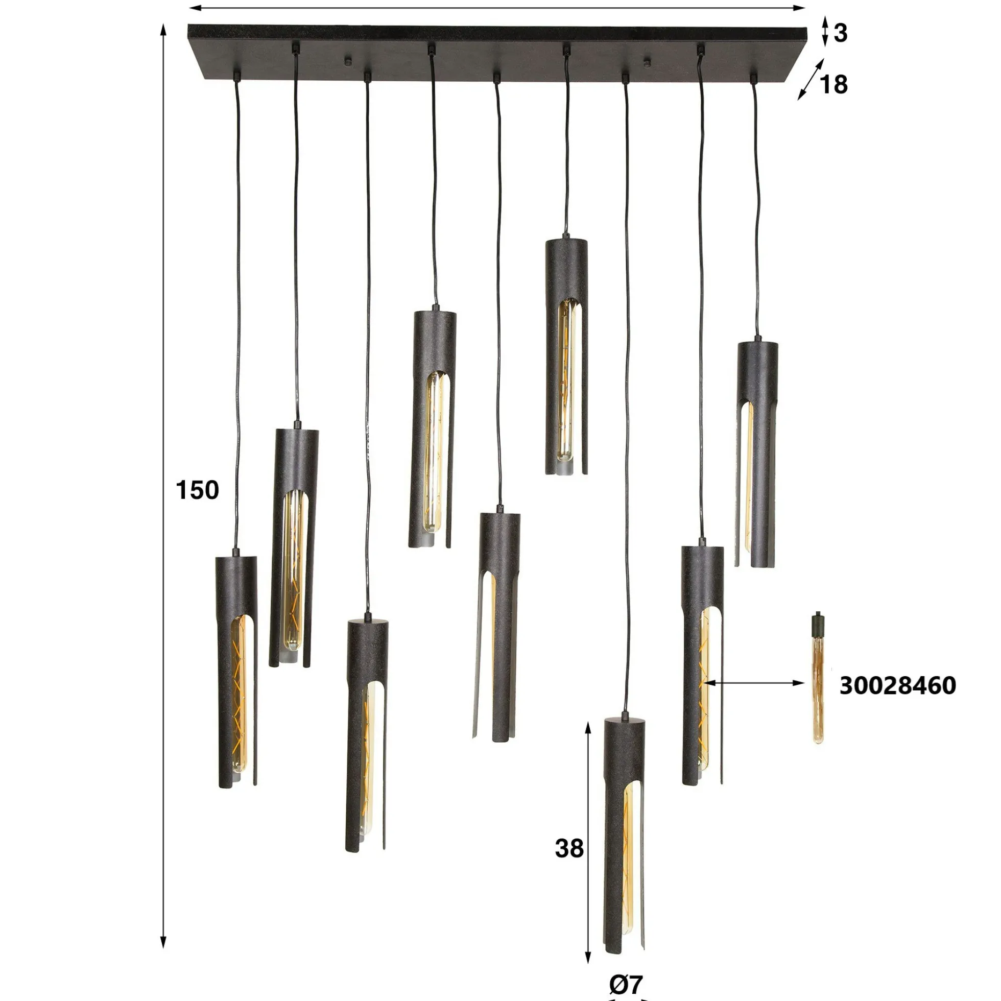 Suspension noire 9 abat-jour forme tube RALF
