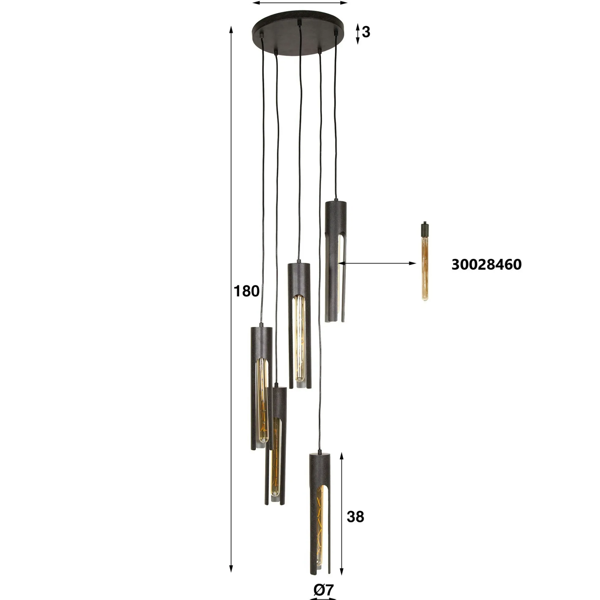 Suspension noire 5 abat-jour forme tube RALF