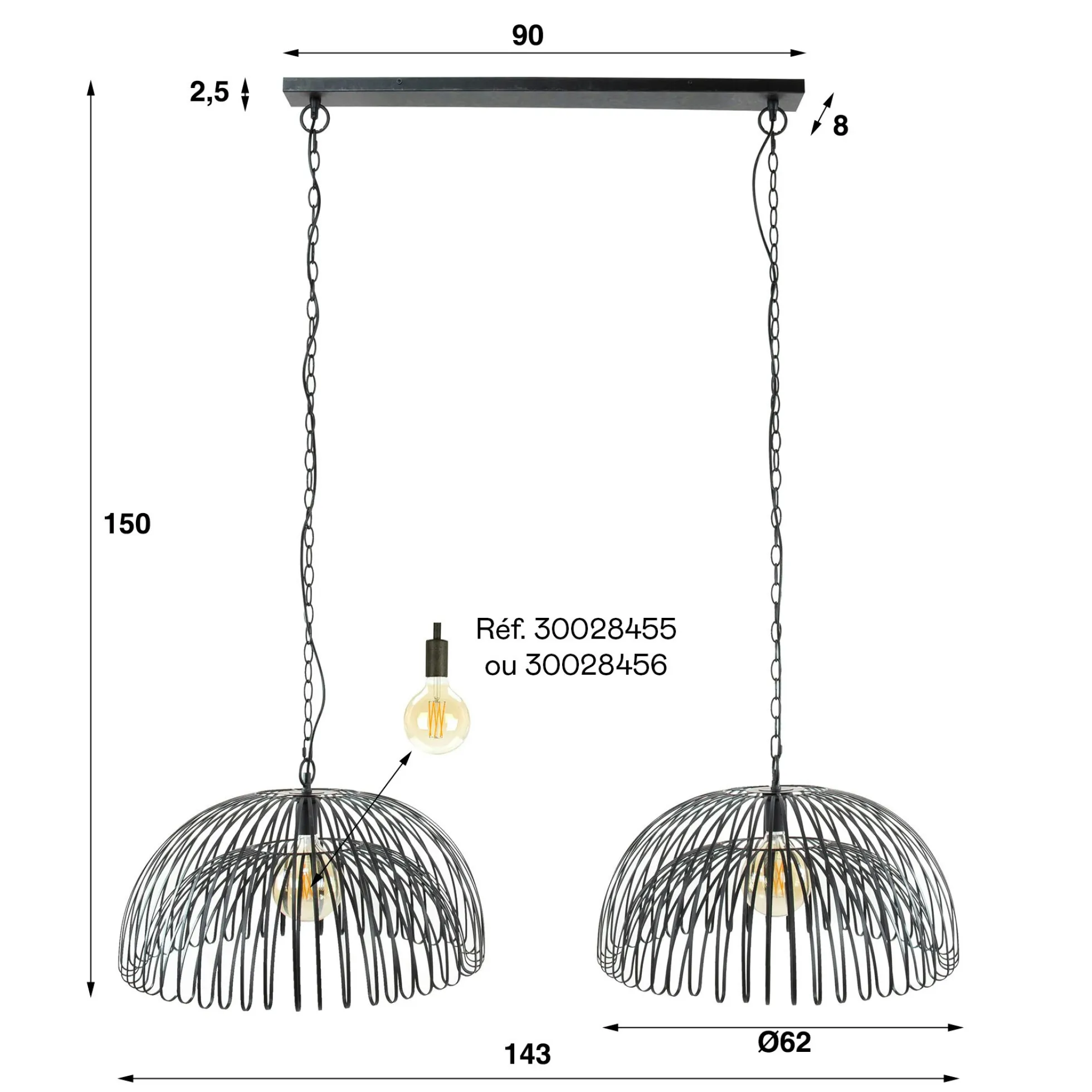 Suspension salle à manger indus 2 lampes forme dôme RALF