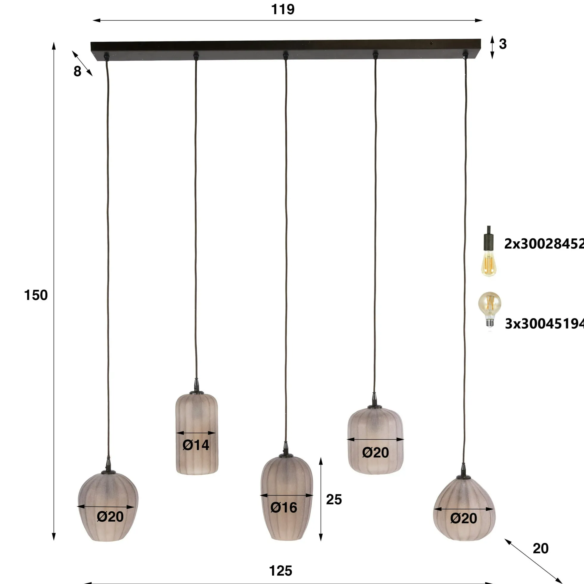 Suspension salle à manger verre brun dépoli 5 lampes NOVA