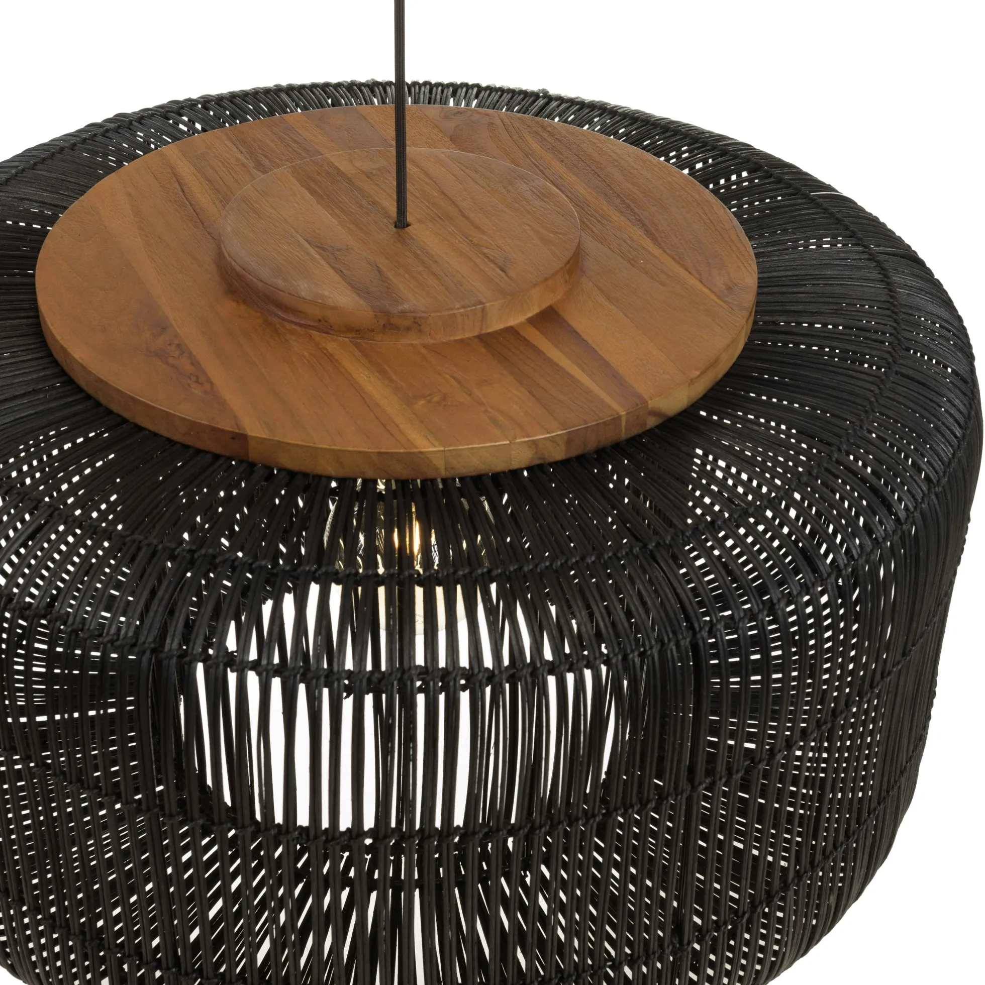 Suspension seau 76x76cm en rotin couleur noire et teck FOLELLI