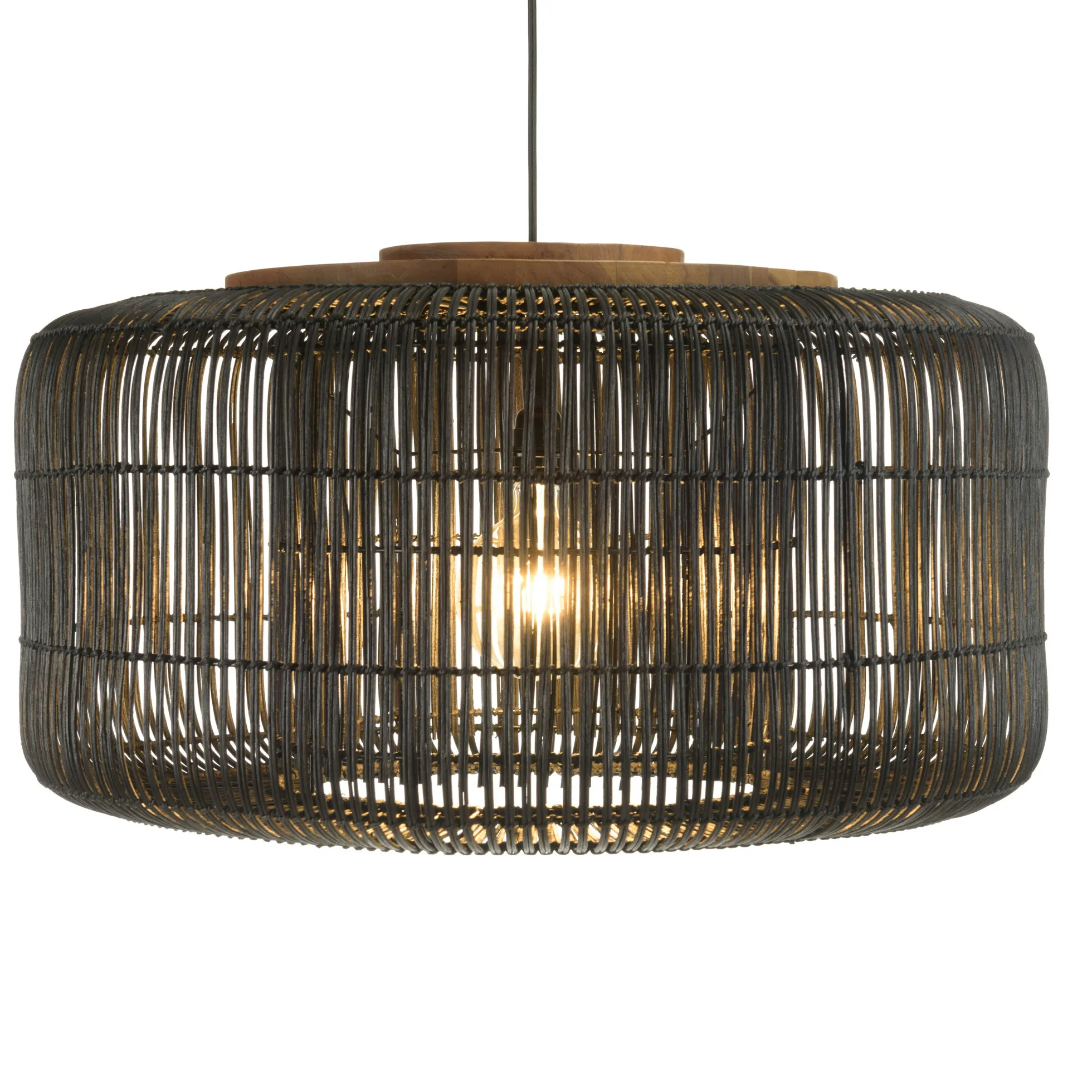 Suspension seau 76x76cm en rotin couleur noire et teck FOLELLI