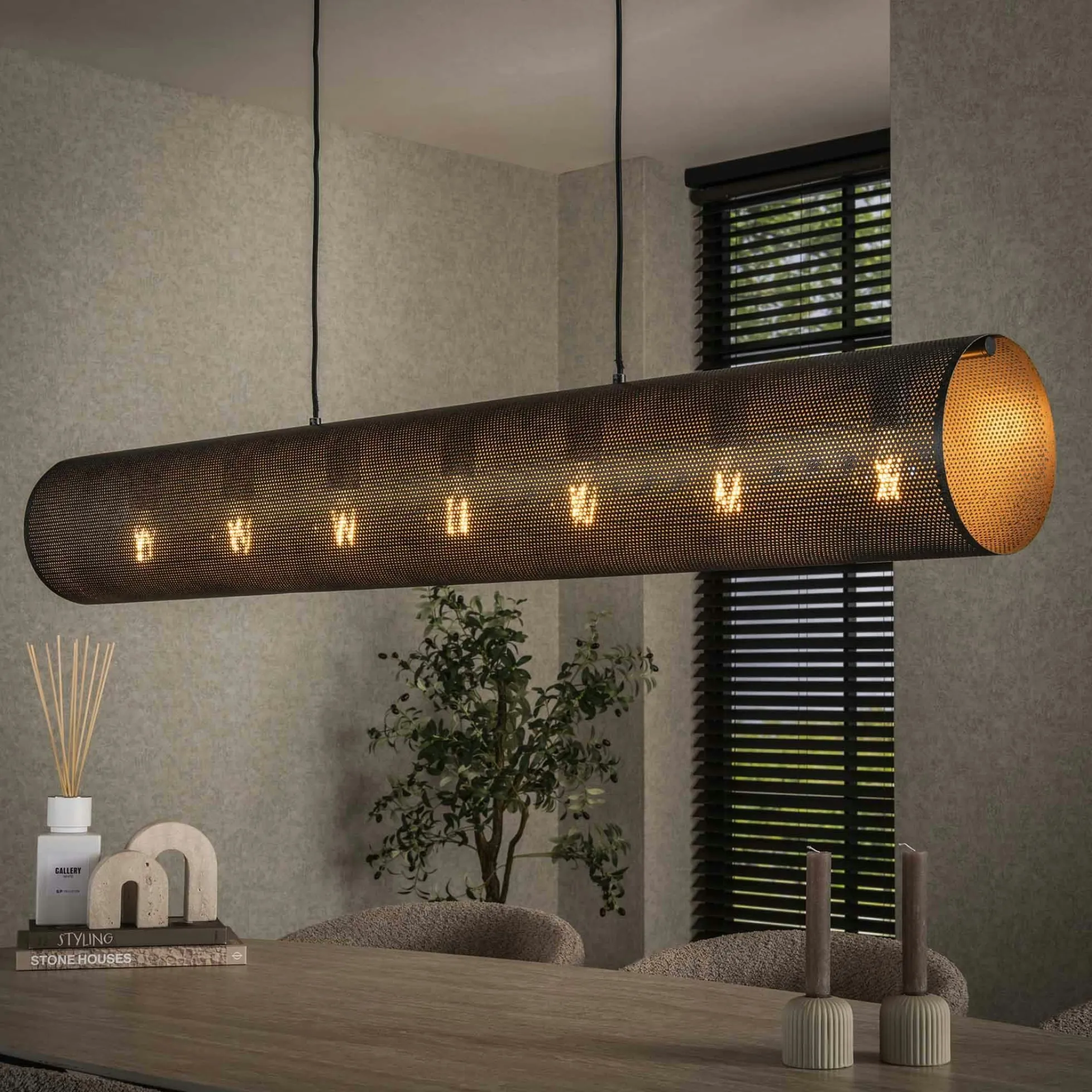 Suspension tube en métal noir perforé 7 lampes RALF
