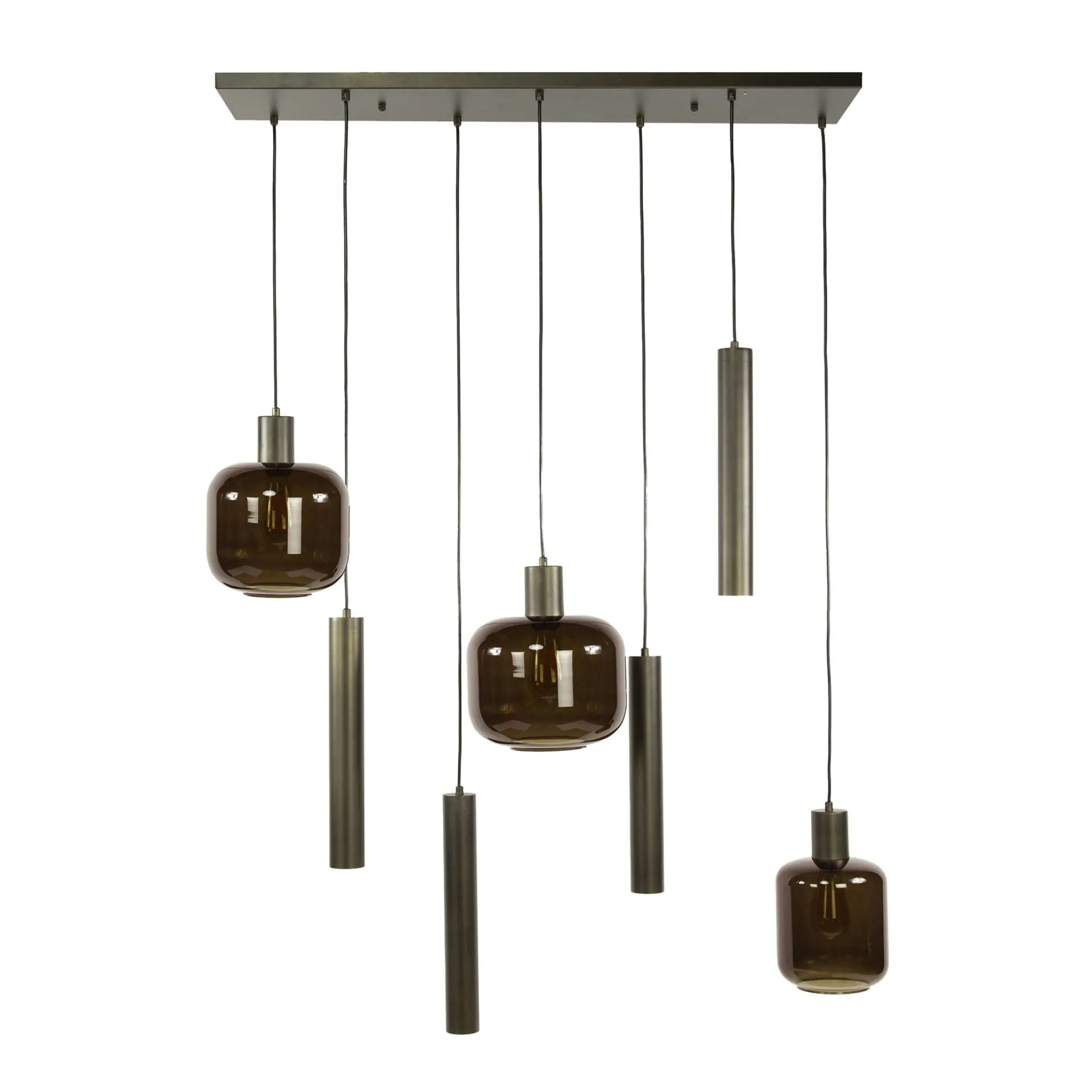 Suspension verre & métal – globes bruns + tubes bronze NOVA