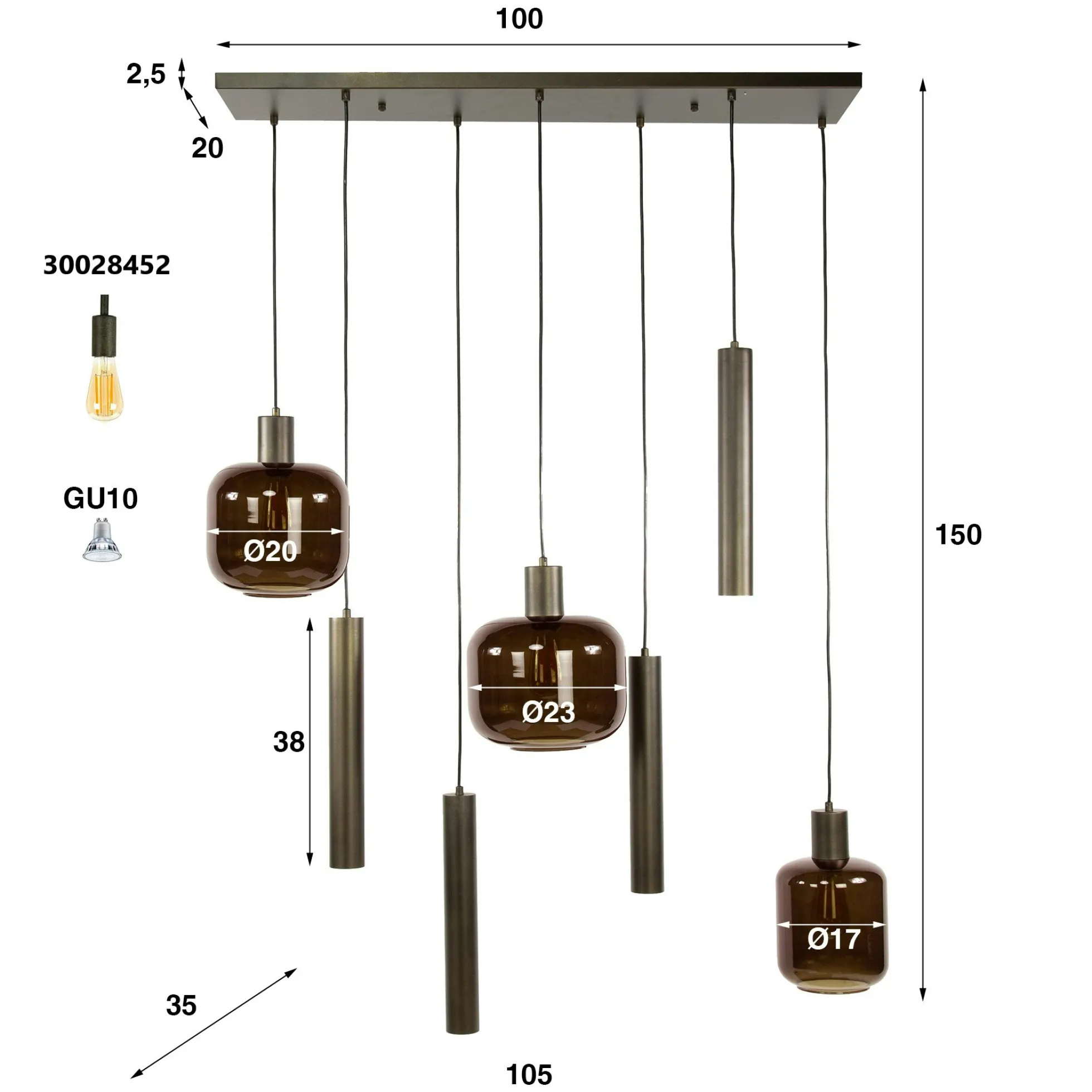 Suspension verre & métal – globes bruns + tubes bronze NOVA