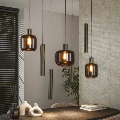 Suspension verre & métal – globes bruns + tubes bronze NOVA