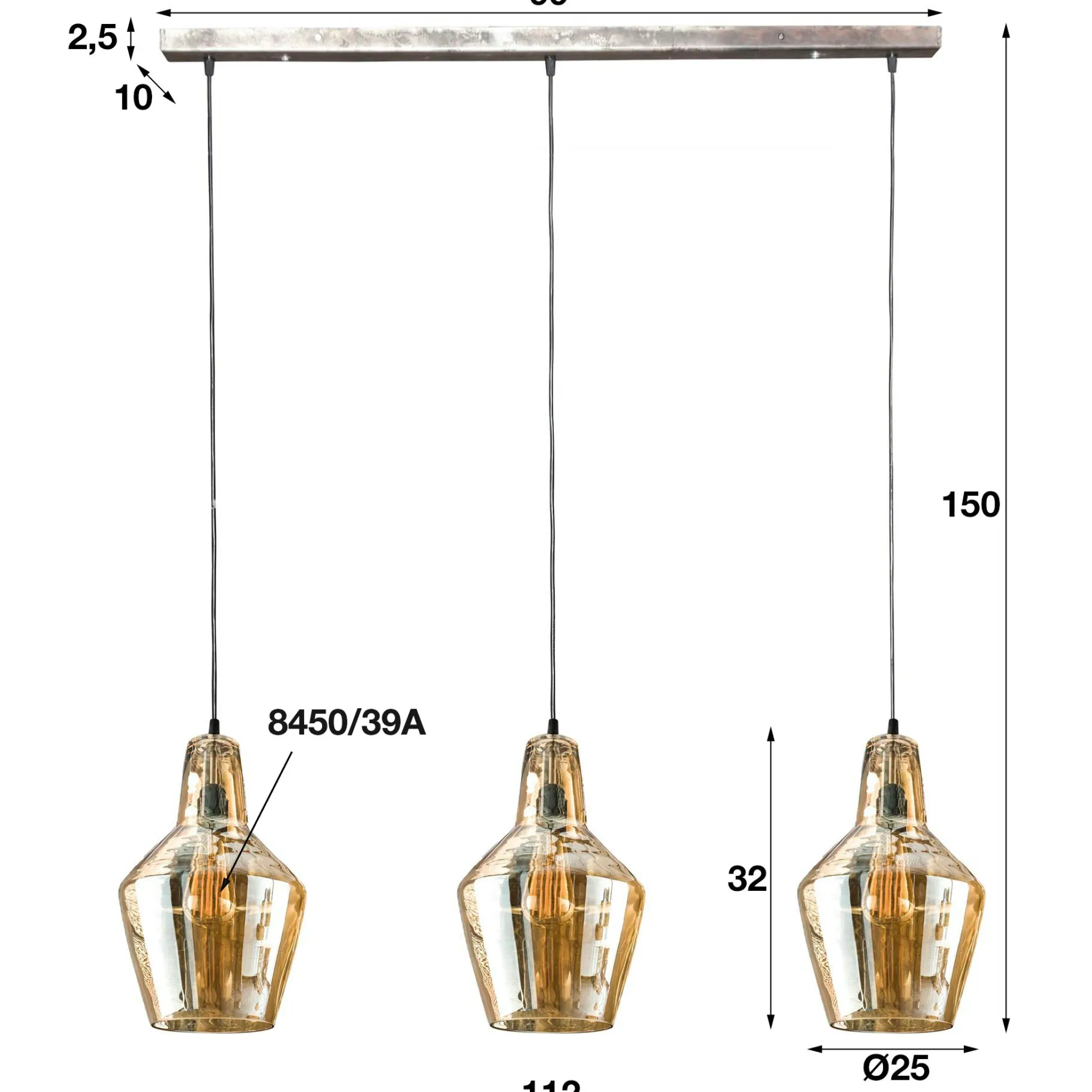 Suspension vintage en verre ambré 3 lampes LUCKNOW