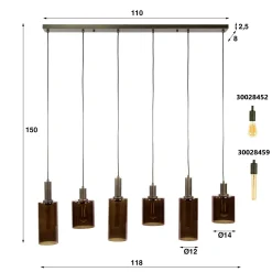 Suspension vintage en verre – 6 abat–jour bruns NOVA