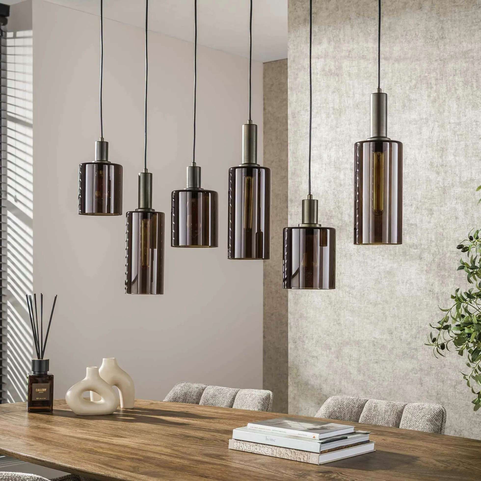 Suspension vintage en verre – 6 abat–jour bruns NOVA