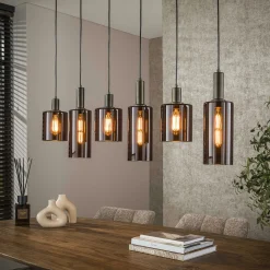 Suspension vintage en verre – 6 abat–jour bruns NOVA