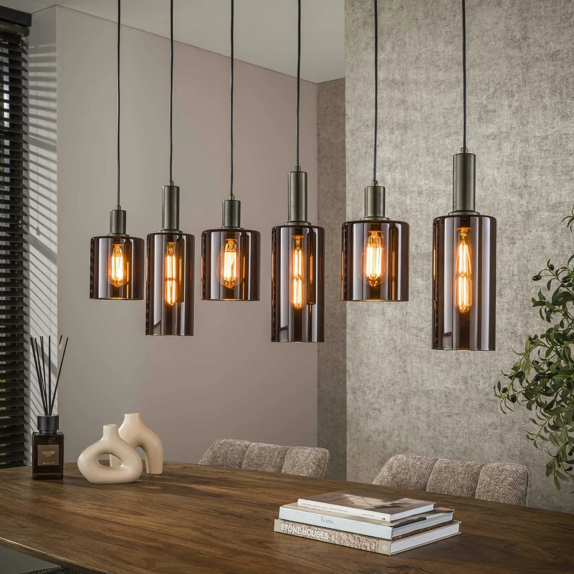Suspension vintage en verre – 6 abat–jour bruns NOVA