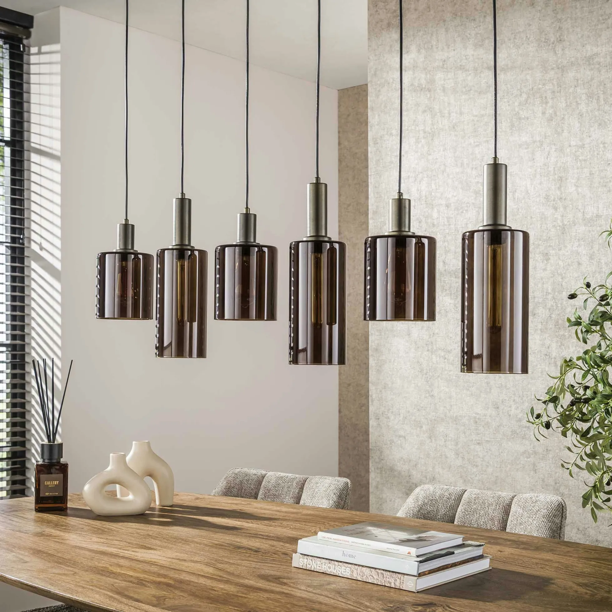 Suspension vintage en verre – 6 abat–jour bruns NOVA