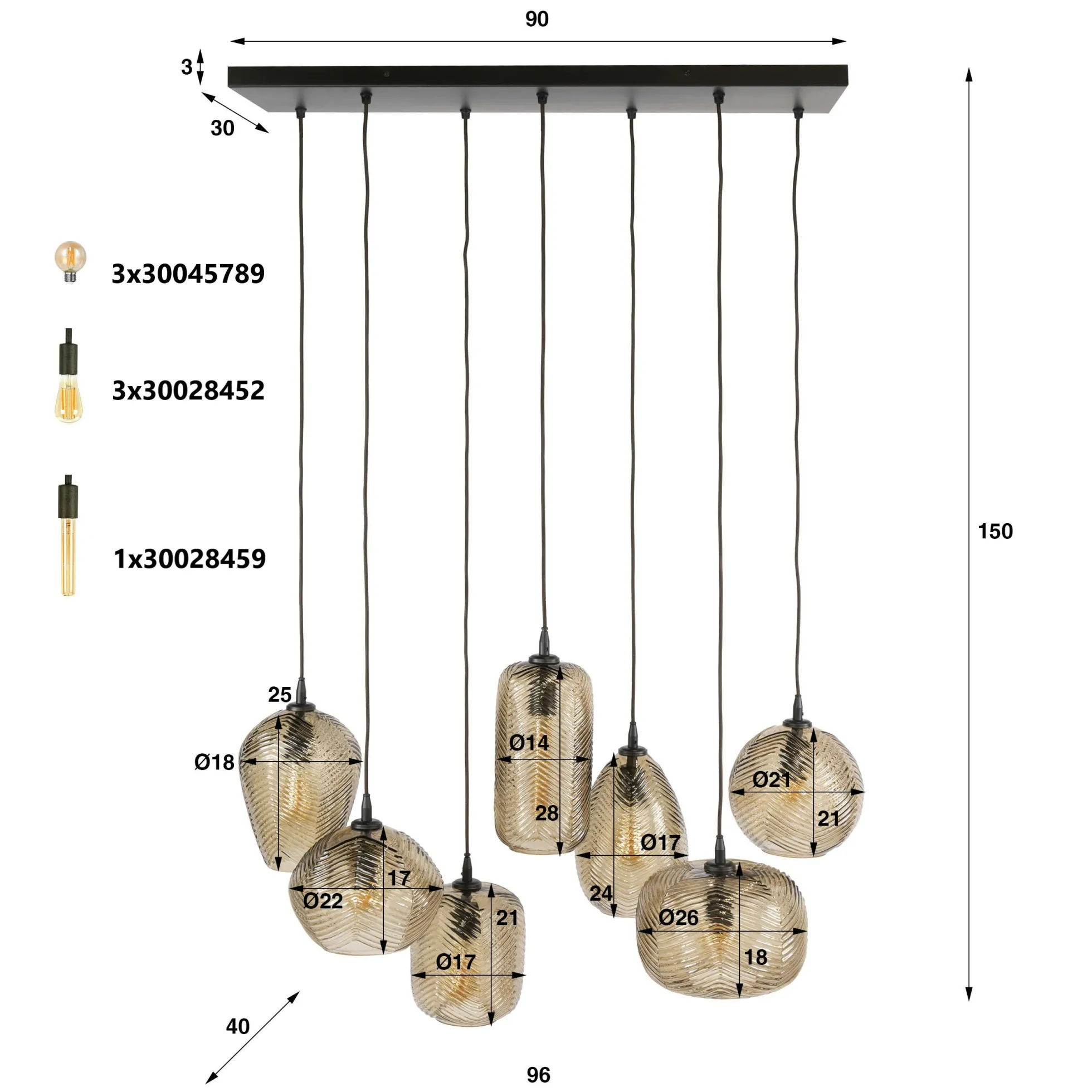 Suspension vintage verre brun fumé chevron 7 lampes NOVA