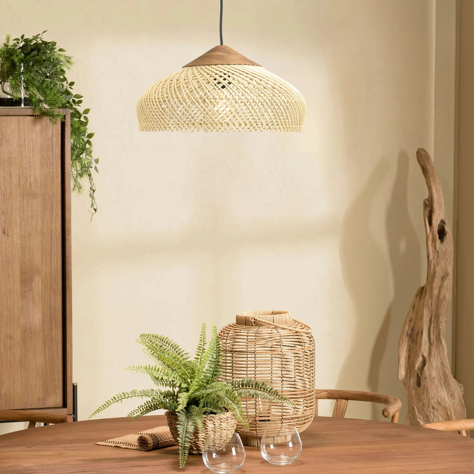 Suspension 40x40cm en rotin couleur naturelle et teck recyclé FOLELLI