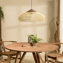 Suspension 65x65cm en rotin couleur naturelle et teck recyclé FOLELLI