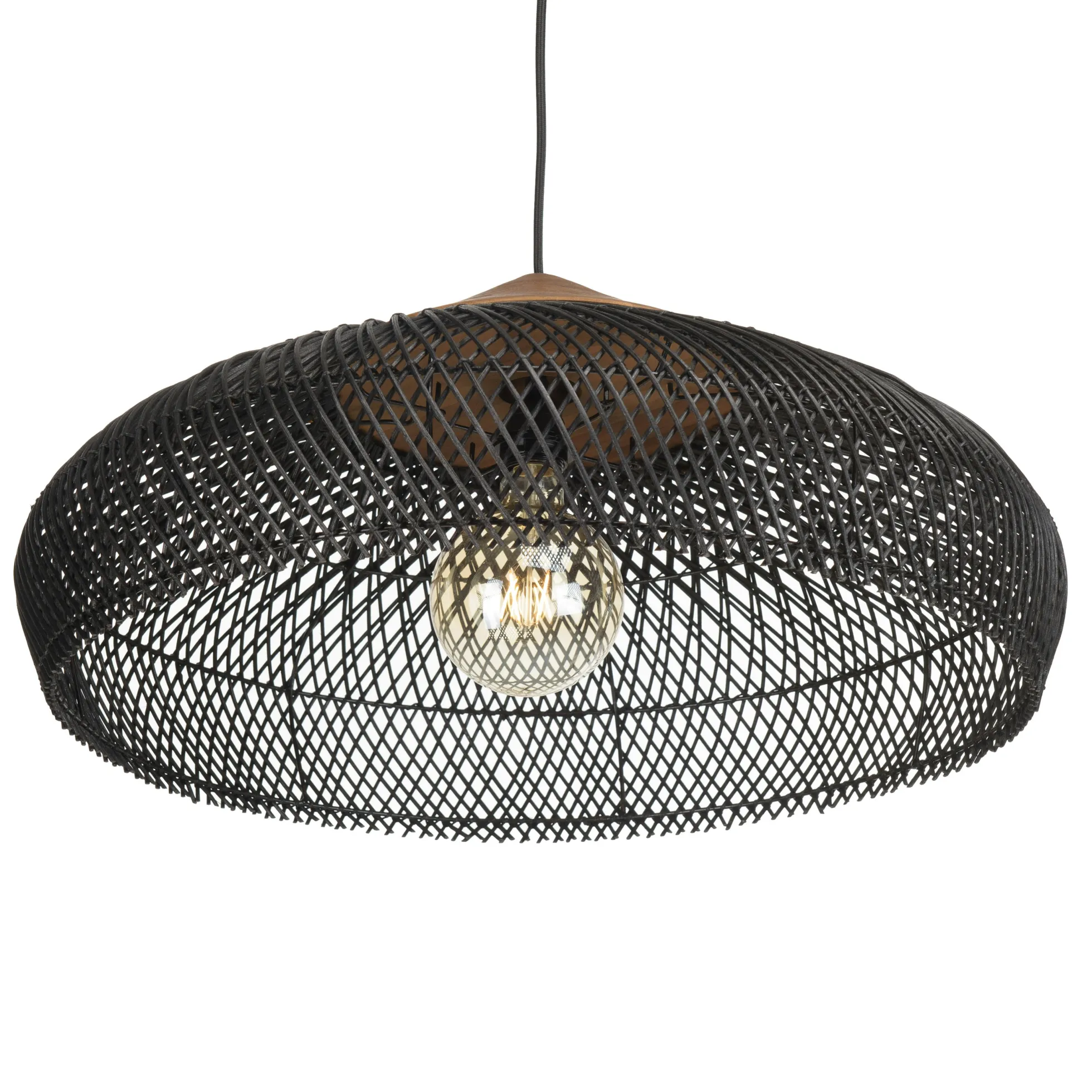 Suspension 65x65cm en rotin couleur noire et teck recyclé FOLELLI