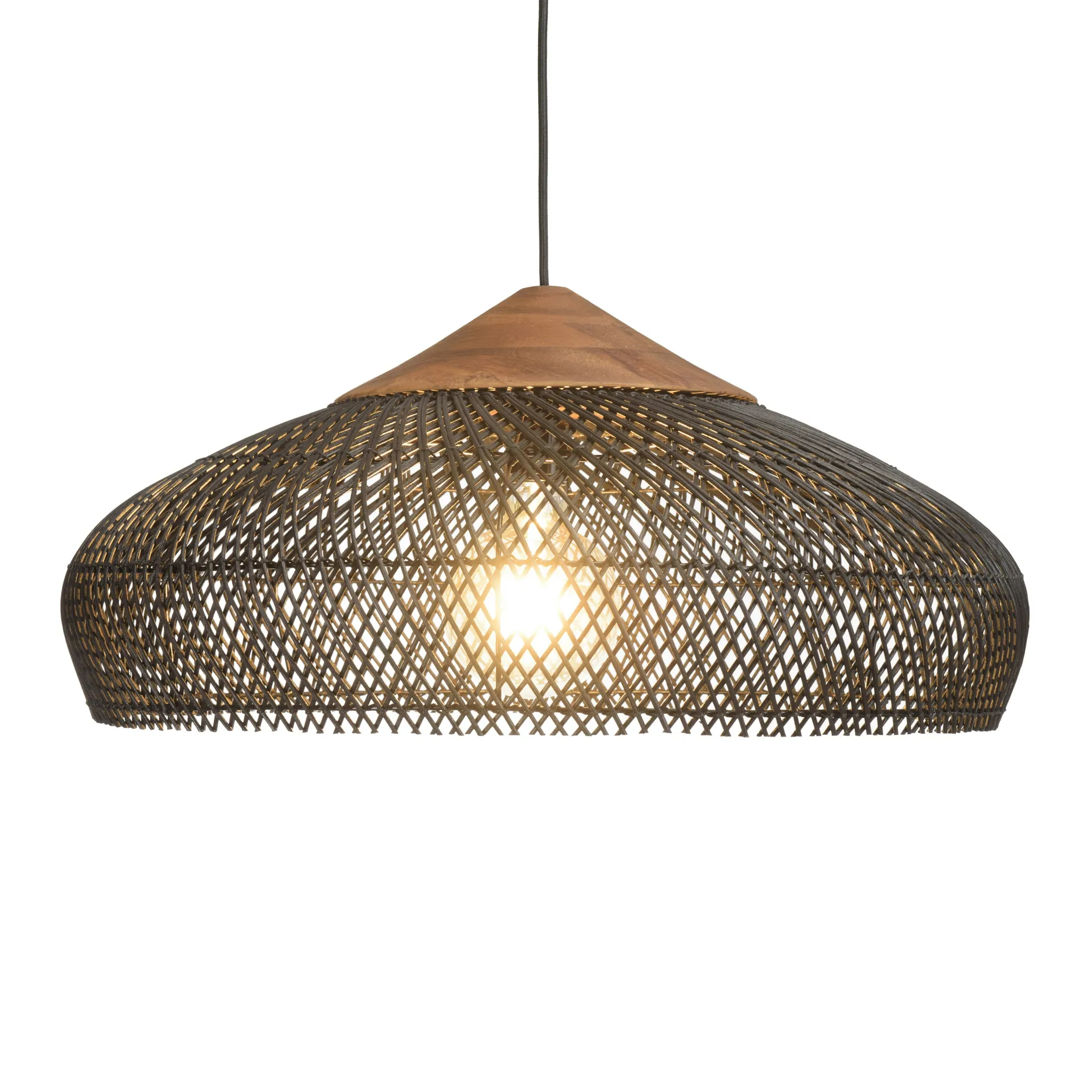 Suspension 65x65cm en rotin couleur noire et teck recyclé FOLELLI