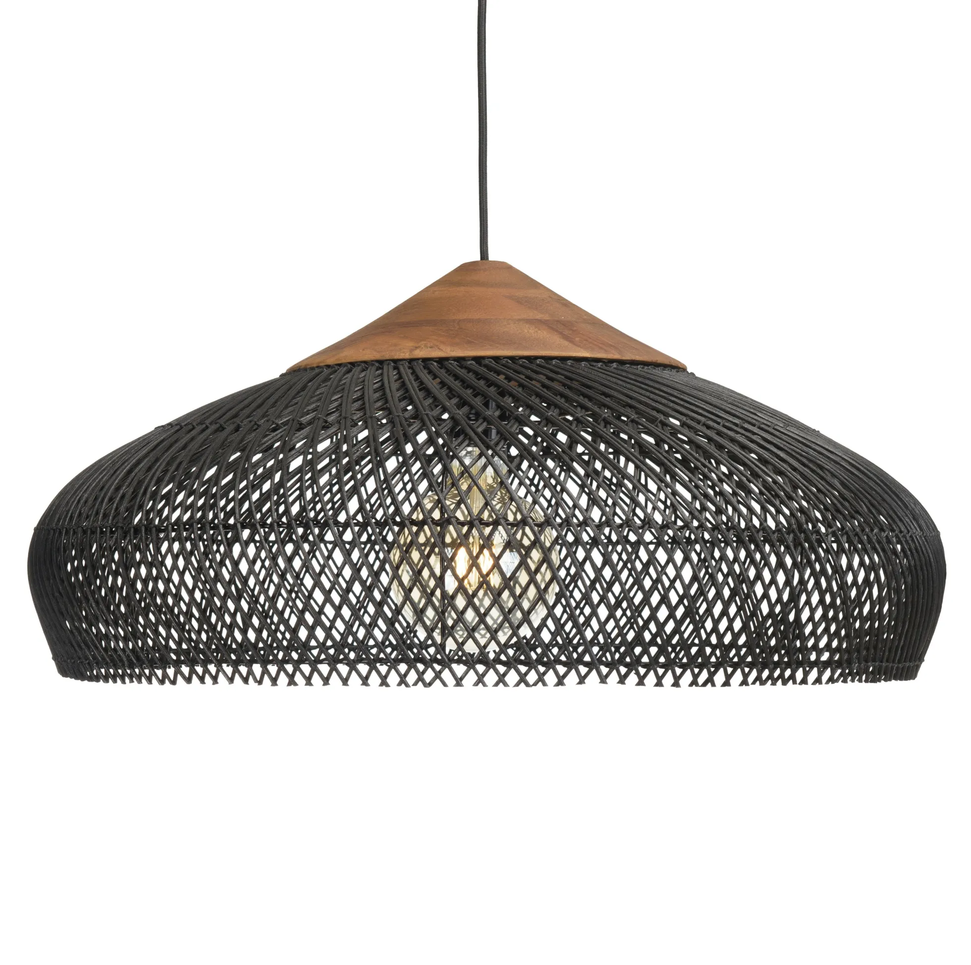 Suspension 65x65cm en rotin couleur noire et teck recyclé FOLELLI