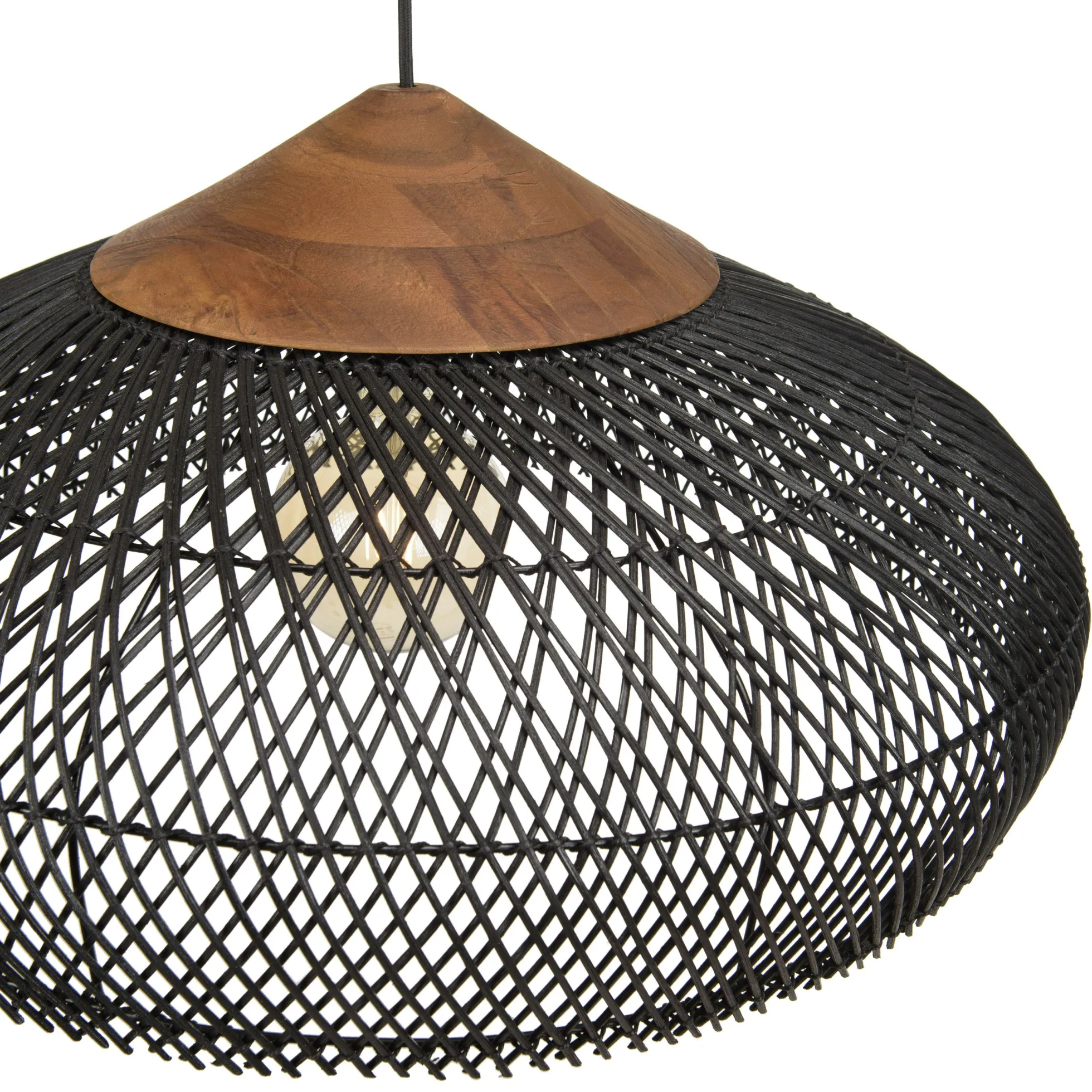 Suspension 65x65cm en rotin couleur noire et teck recyclé FOLELLI