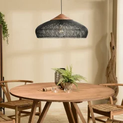 Suspension 65x65cm en rotin couleur noire et teck recyclé FOLELLI