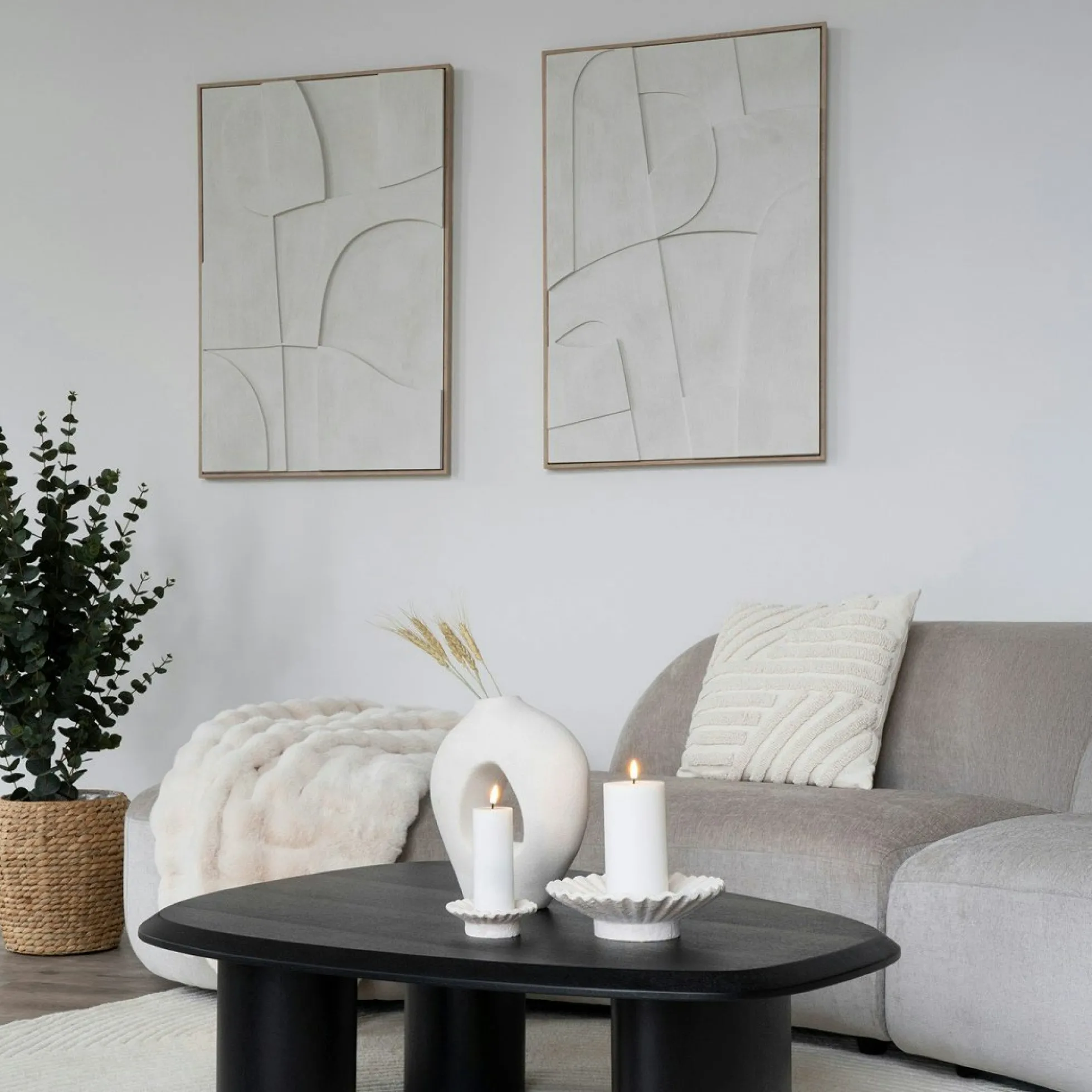 Tableau abstrait blanc formes organiques avec cadre 60x90 cm