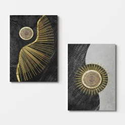 Tableau abstrait soleil or – fond noir et argent (set de 2)