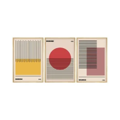 Tableau abstrait – style Bauhaus, cadre bois (lot de 3)