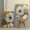 Tableau fleurs blanches – fond taupe et or (set de 2)