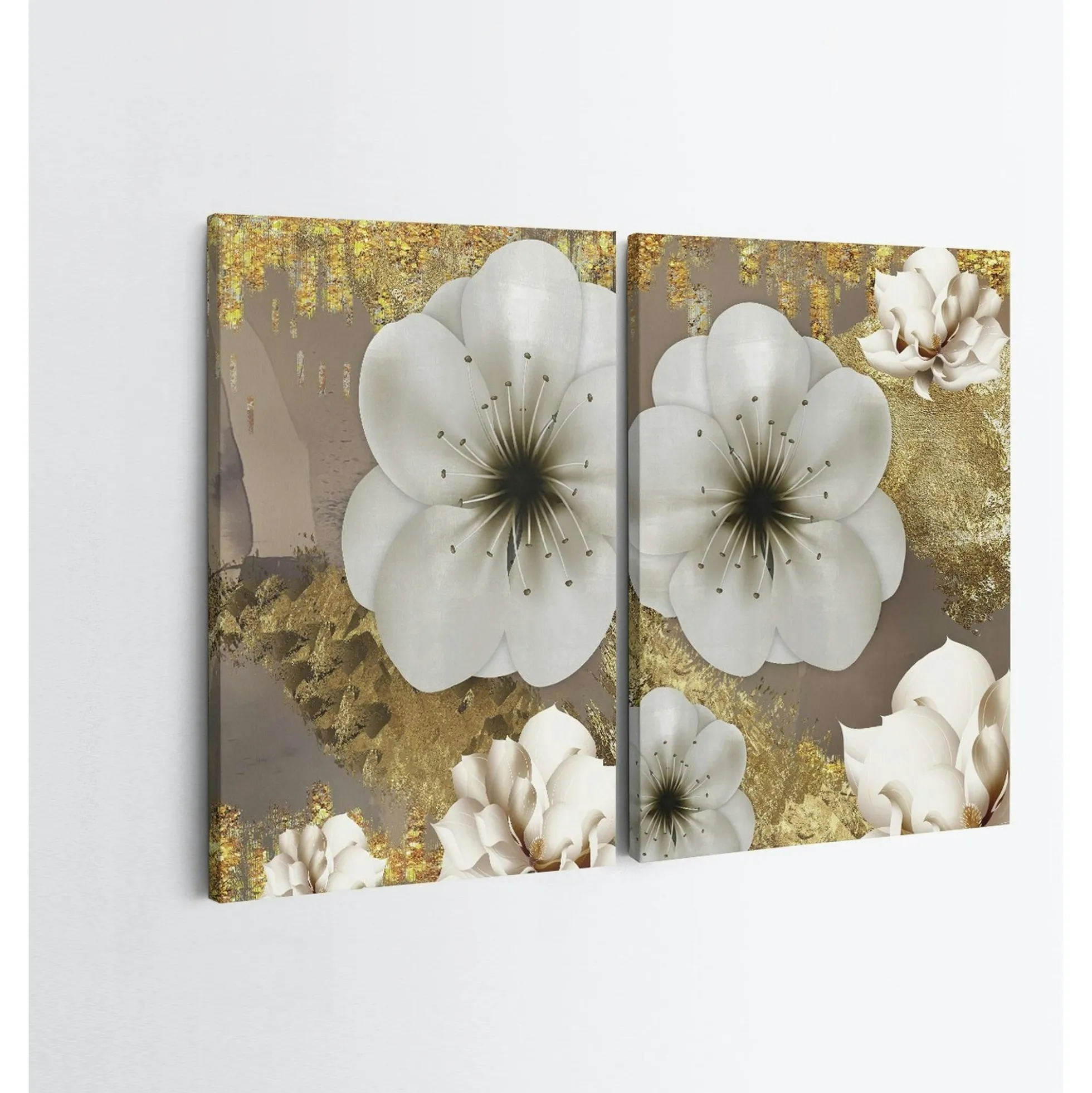 Tableau fleurs blanches – fond taupe et or (set de 2)