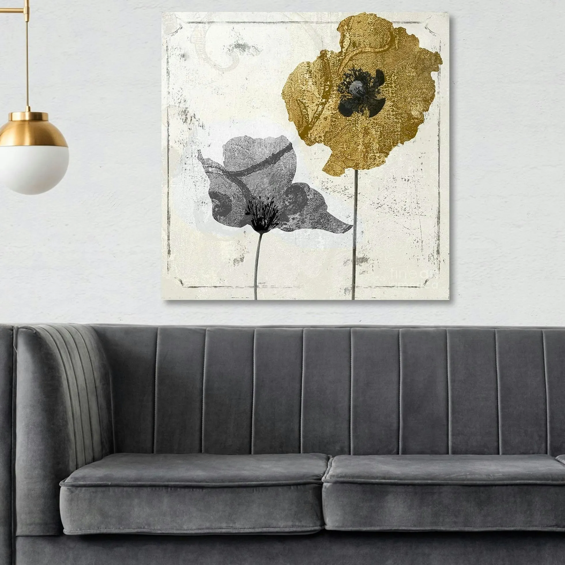 Tableau fleurs or et argent – carré, impression sur toile