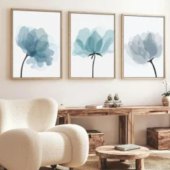 Tableau floral aquarelle bleu pastel – lot de 3