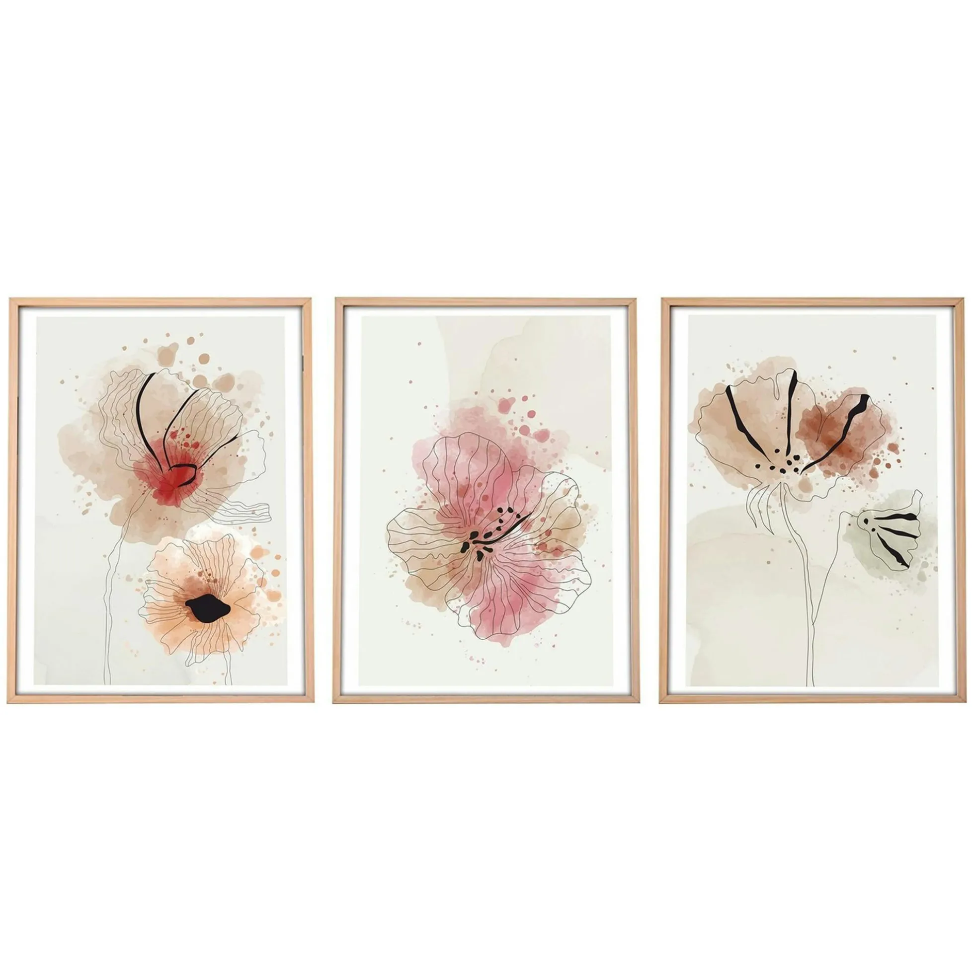 Tableau floral aquarelle rose et beige – lot de 3