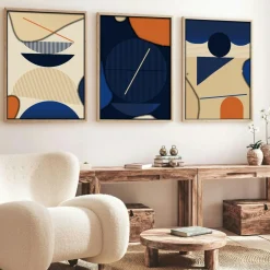 Tableau graphique bleus et orange – cadre bois (lot de 3)