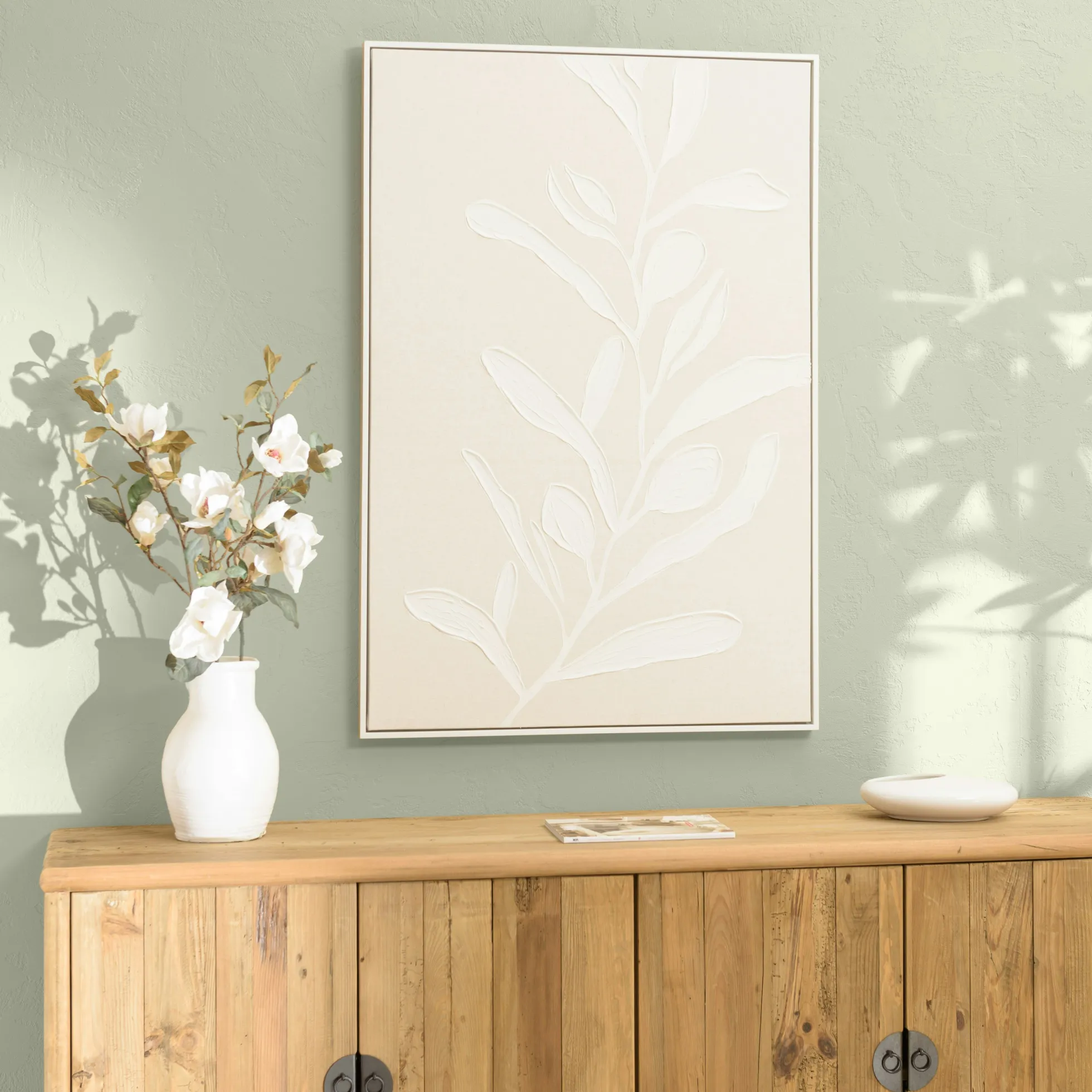 Tableau lin beige feuillage de platre 83 x 123 cm
