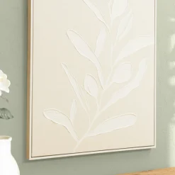 Tableau lin beige feuillage de platre 83 x 123 cm